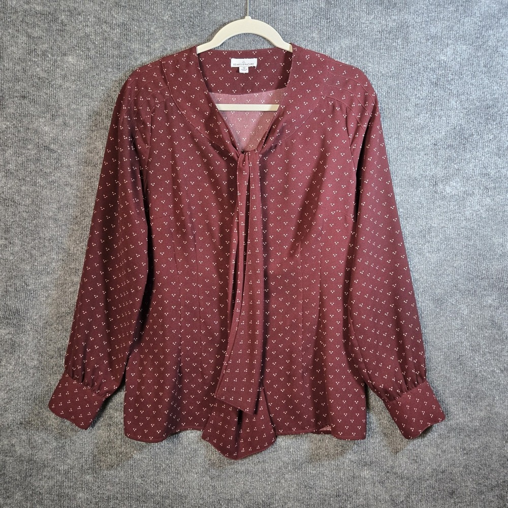 LL Bean Top Womens 12 Burgundy Merlot Swiss Dot Crepe Tie Front Career Chic